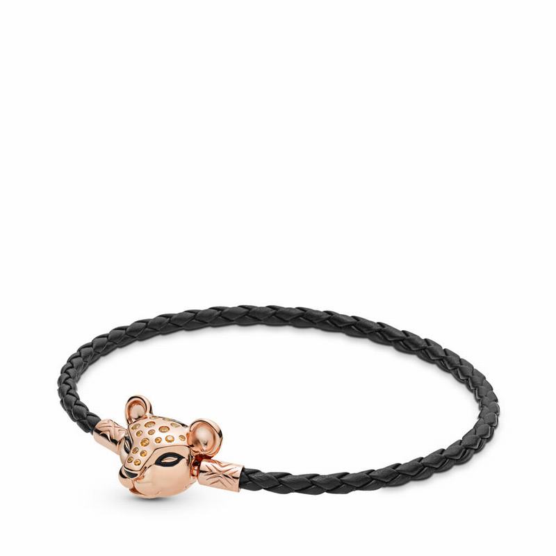 Bratara Pandora Rose™ Sparkling Lion Princess, Piele țesută Negrii (37bhoWnx)